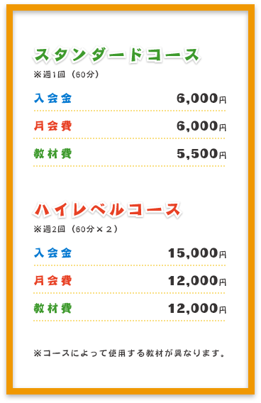 【スタンダードコース】
週1回(60分)
入会金：6,000円
月会費：6,000円
教材費：5,500円

【ハイレベルコース】
週2回(60分×2)
入会金：15,000円
月会費：12,000円
教材費：12,000円

※コースによって使用する教材が異なります。